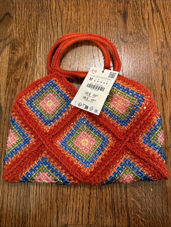 Zara Handbags - Zara Red Crochet Clutch with Pink, Blue and Green Accents